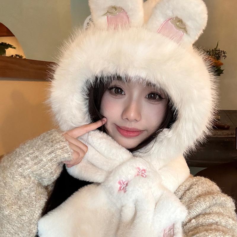 Plush Rabbit Hat and Scarf for Women In One Winter New Cute Warm Scarf Versatile Ear Protection Lei Feng Hat