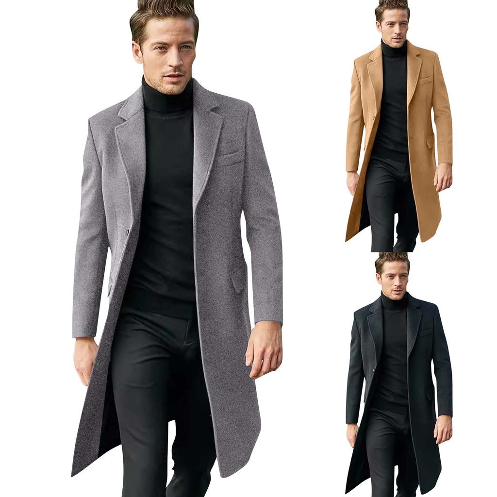 Herre Lang Ensfarget Enkeltkneppet Langermet Ullkåpe Casual Slim Trendy Vindjakke