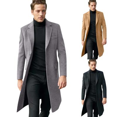 Men's Long Solid Color Single Breasted Long Sleeved Wool Coat Casual Slim Trendy Windbreaker