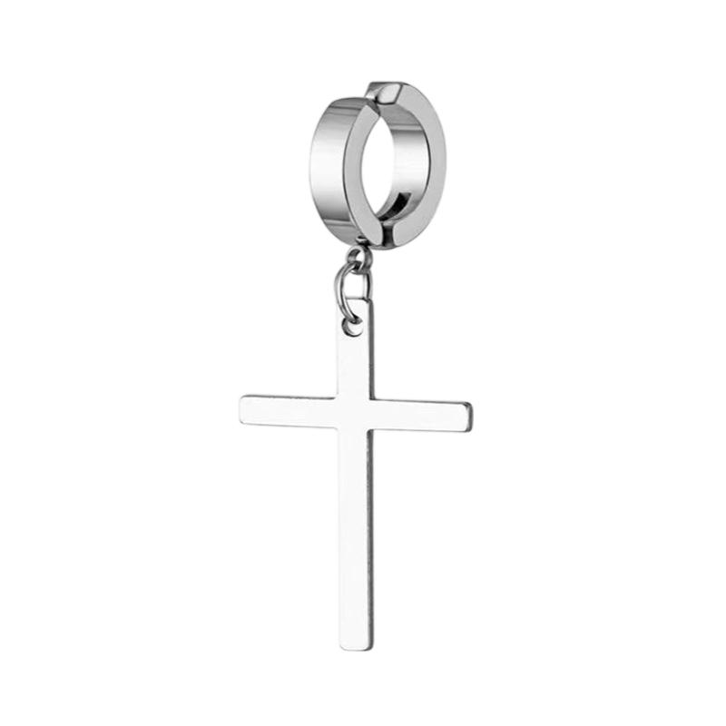 Stainless Steel Hoop Earring with Cross Pendant Dangle Lightweight Clip On Earring for Unisex Fashion Jewelry Accessory