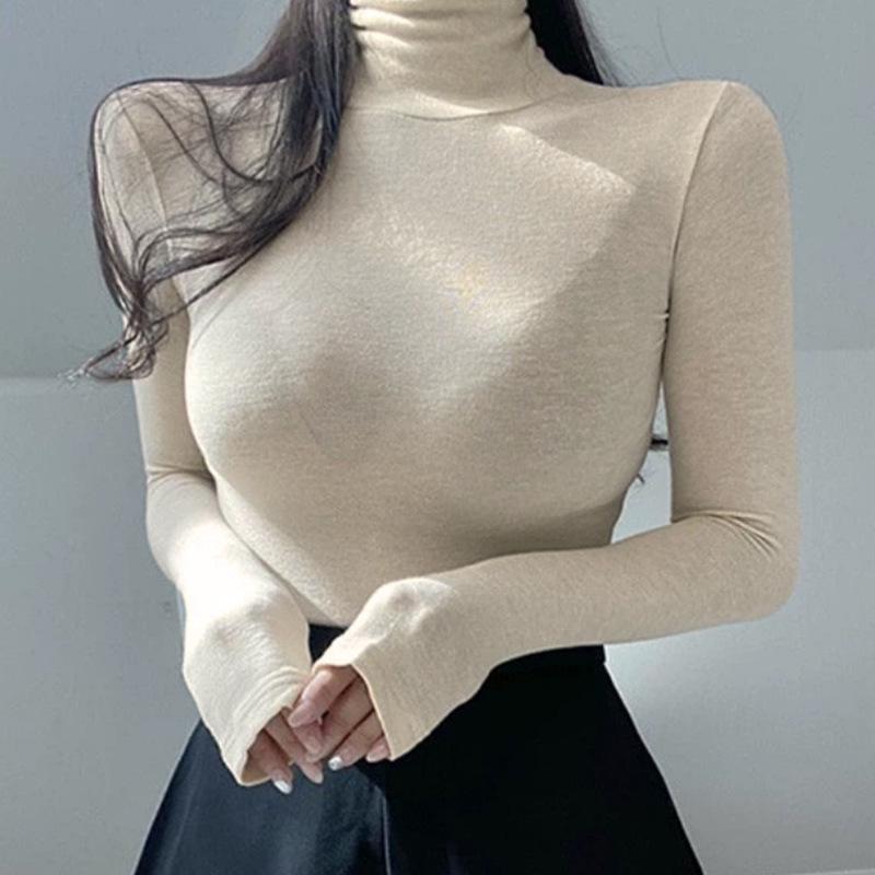 Women's Korean Slim Fit High Neck Long Sleeve T-Shirt