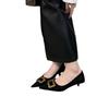 Herbst neue Einzelschuhe Damen niedrigabsatz spitz zulaufend Metall quadratische Schnalle flachmündig mittelhochabsatz professionelle Damenschuhe