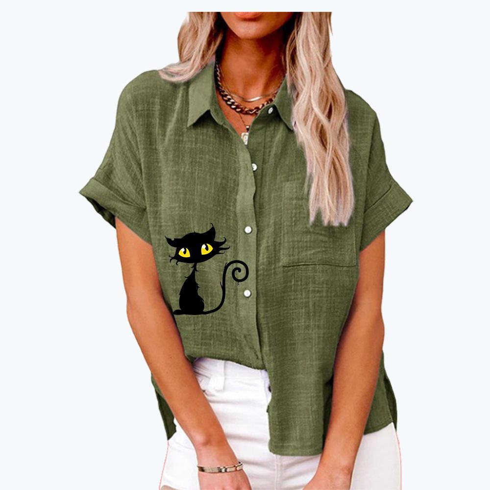 

Женская мода, топ с воротником с лацканами, летняя и осенняя повседневная свободная футболка с коротким рукавом, льняные блузки с карманом, рубашка на пуговицах с принтом кота L зелёный