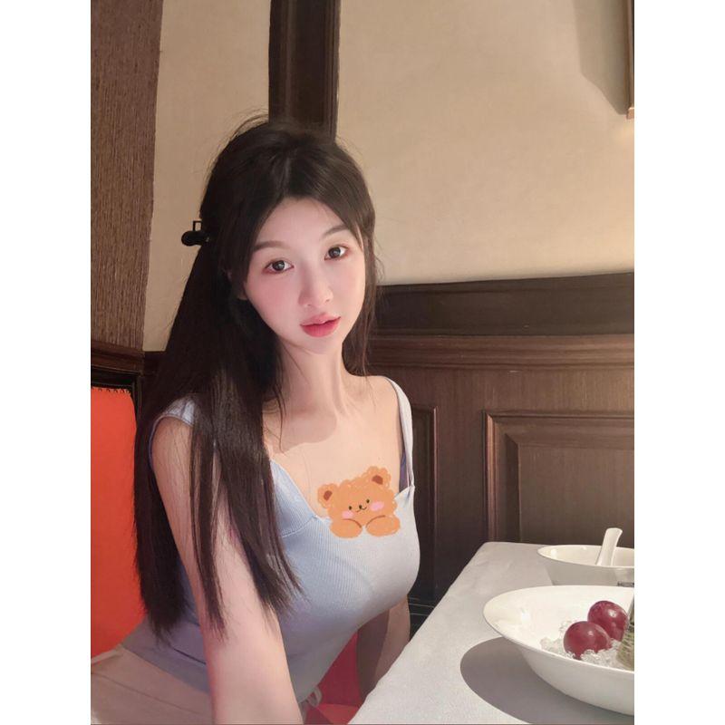 

South Korea Dongdaemun Summer New Pure Desire Silm Easiest for Match Solid Color Square Collar off-the-Shoulder Short Thread Camisole for Women Blue S