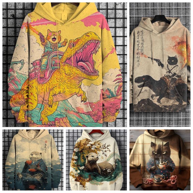 Cartoon Cat And Dinosaur 3d Print Graphic Hoodies Men Women Fashion Oversized Hoodie Sweatshirt Coat Women Sweats Animal Clothes