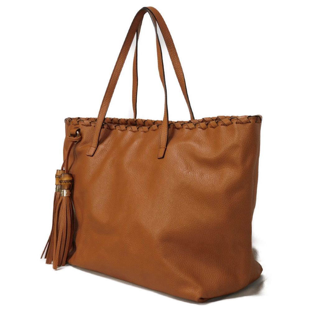 Used 9539 Bamboo Tassel Large Tote 354666 7924 Calfskin Woven Shoulder Bag Charm Brown Unisex from Japan AUTHENTIC