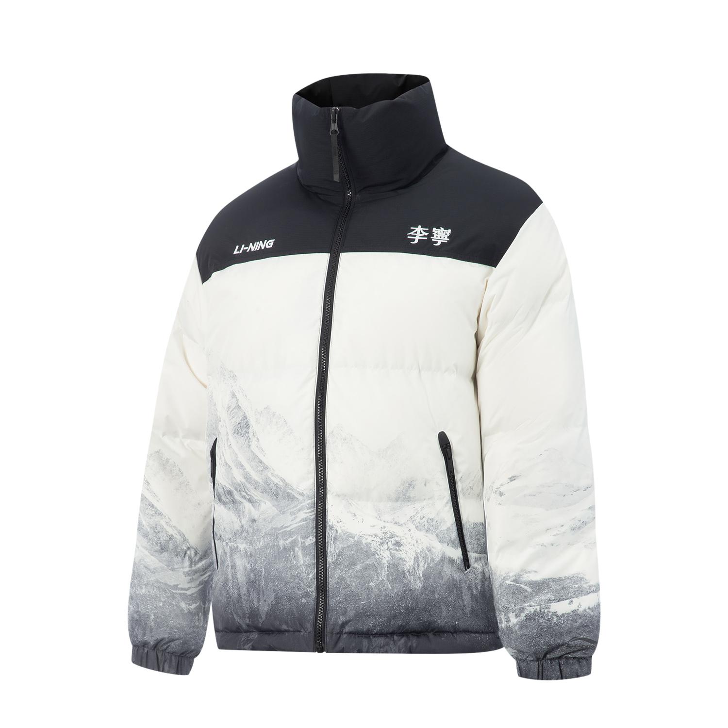 Li Ning Hot Pots Down Collection Down Jacket Unisex Ivory Snow Mountains Positioning Print/Black AYMV433-4 L