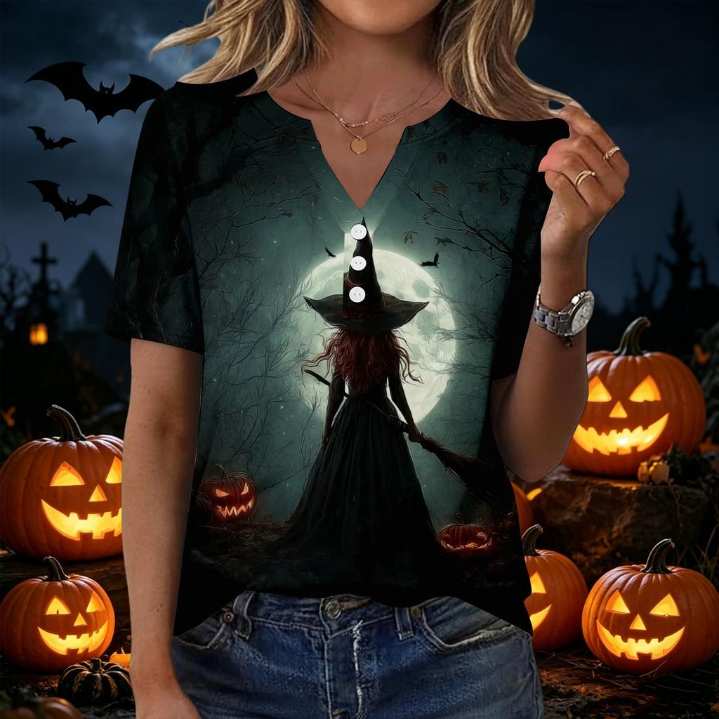 Women's Casual V Neck Button Front Halloween Print T Shirt Top with Three Quarter Sleeves Lightweight Comfortable Fit