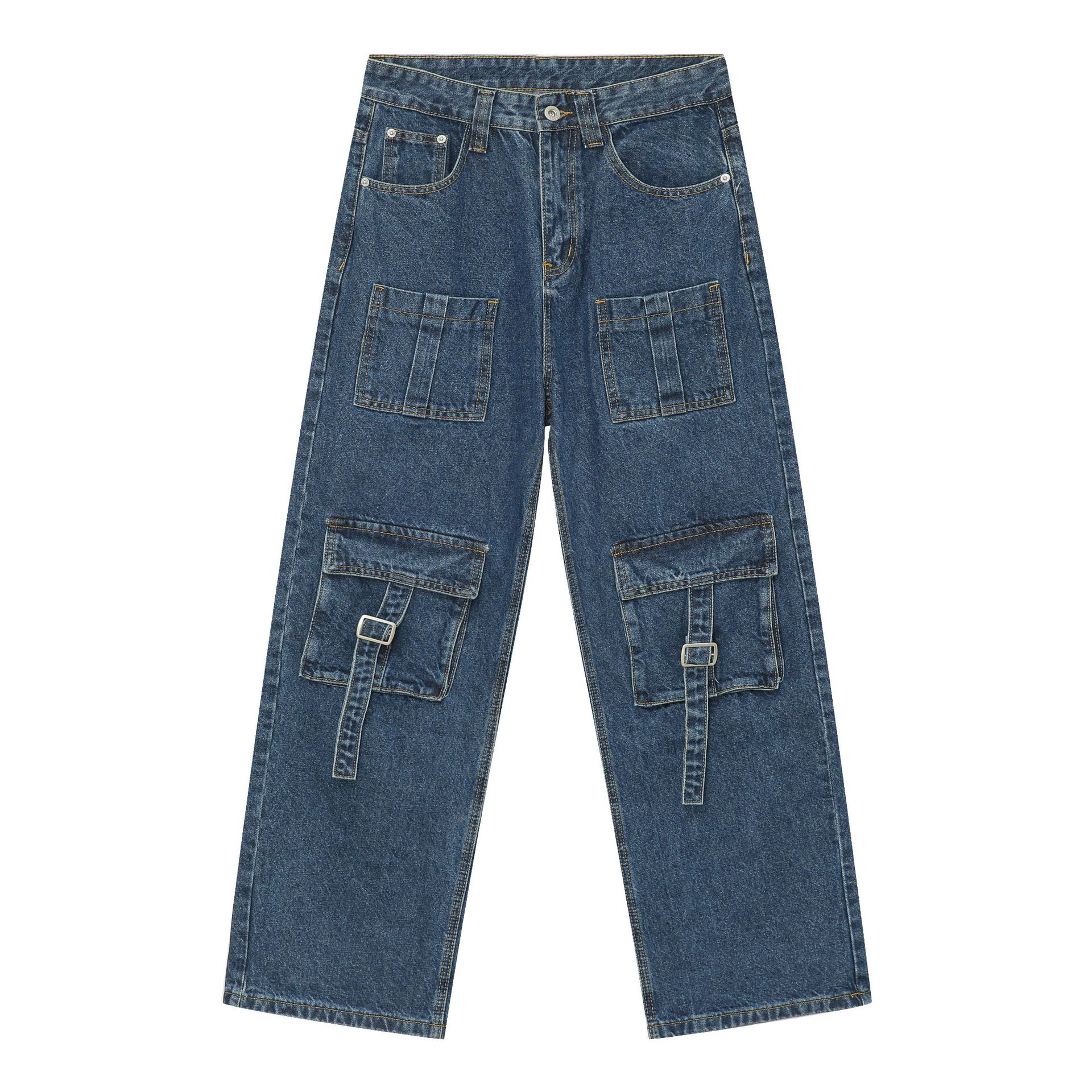 

Джинсы с несколькими карманами Мужские Нишевые Ретро Широкие Рабочие Брюки Парные Брюки Прямые Свободные Джинсы для Мужчин Модные и Удобные XL темно-синий