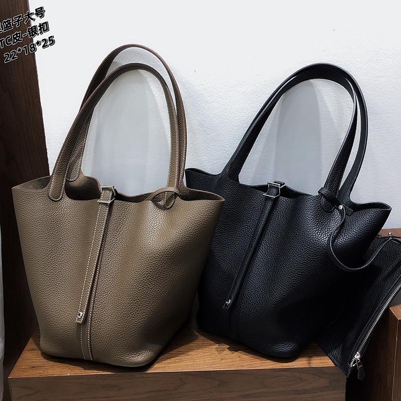 Single shoulder vegetable basket bucket bag women's large-capacity commuter underarm bag tote bag first layer cowhide handbag