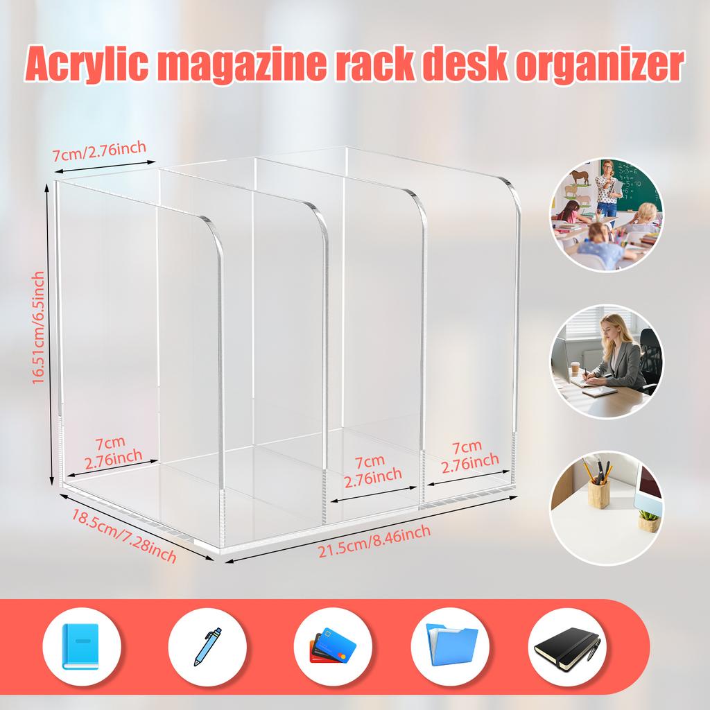 Desktop Bookshelf Acrylic Transparent File Organizer with 3 Compartments Magazine Storage Rack for Home Office and School