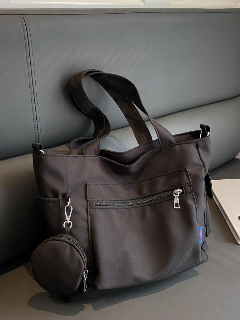 Japanese-Style Canvas Crossbody Bag: Double Pocket, Large Capacity, Women's Tote, Solid Color, Perfect for Students and Commuting.