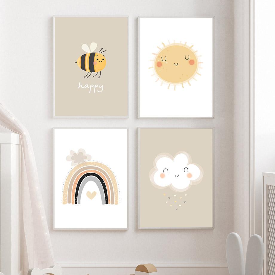 Boho Bear Sloth Mountain Sun Rainbow Nursery Posters Cartoon Wall Art Print Canvas Painting Baby Kids Room Home Decor Pictures