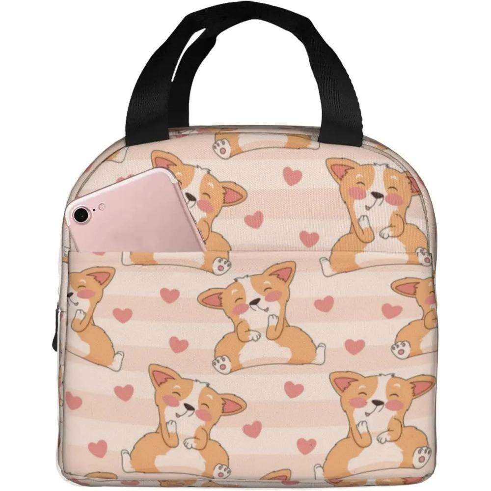 Black Boho Rainbow and Corgi Lunch Bag Cute Corgi Print Insulated Lunch Box Container with Frond Pocket for Work Picnic Travel