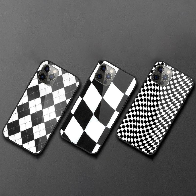 Black White Checkered Phone Case For IPhone 13 12 11 XS X 8 7 6 Plus Mini Pro Max SE 2022 Black PC TPU Glass Phone Cover