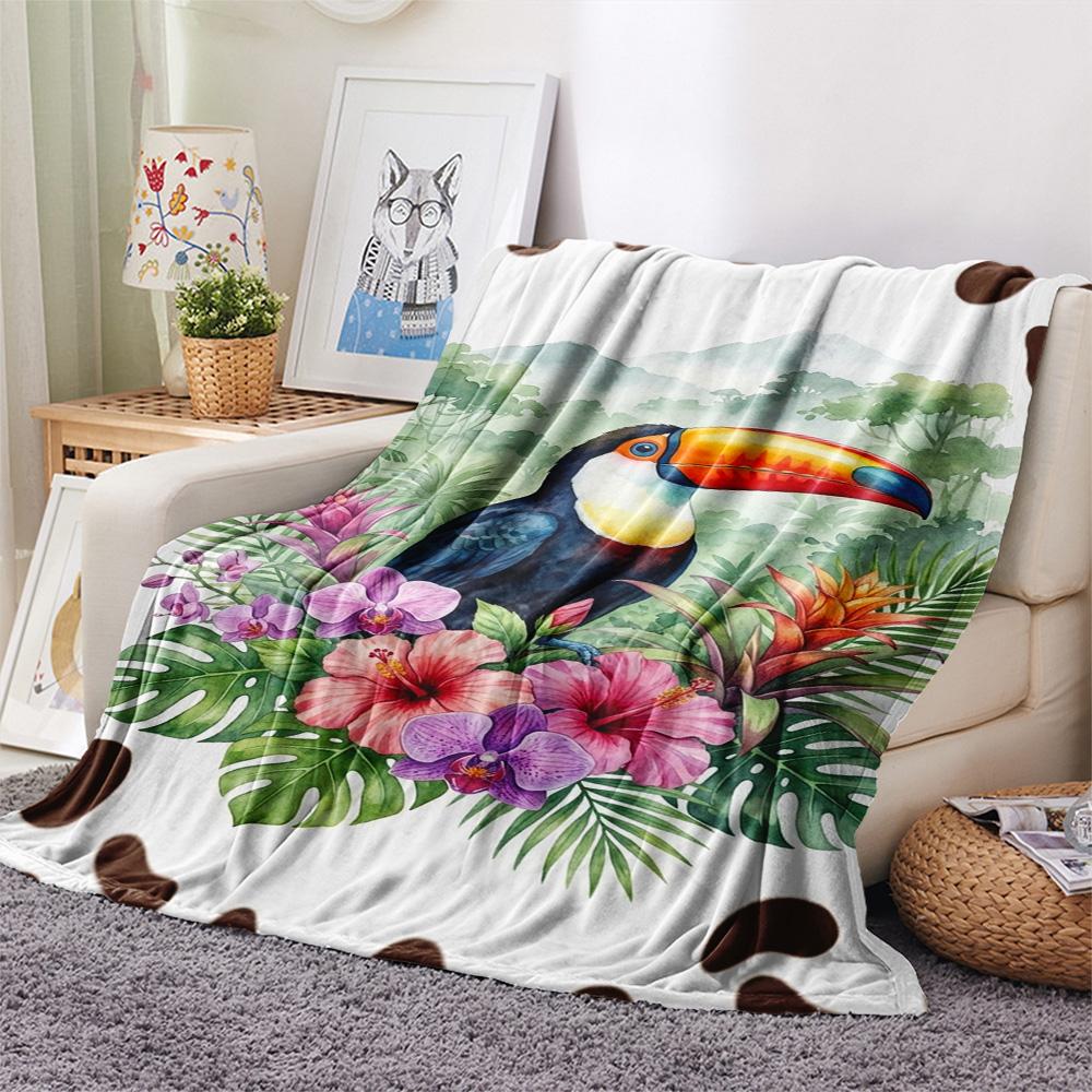 1PC Cartoon Toucan Decor Print FlAannel Blanket, High quality Comfortable for All Seasons, Home Decor, Warmth and Comfort