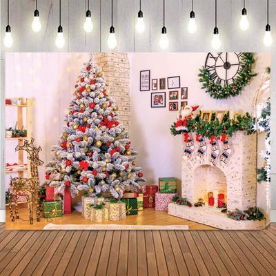 Christmas Day Backdrops For Photography White Wooden Wall Xmas Trees Wreath Fireplace Decor Family Party Photo Backgrounds5