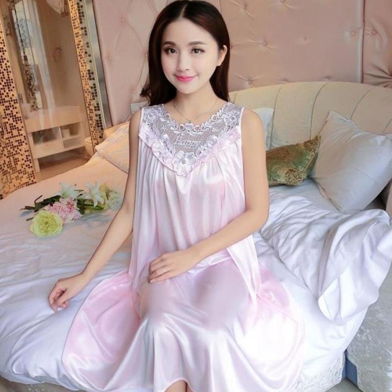 Summer Imitation Silk Nightgowns Women Sexy Sleepwear Nightwear Female Spaghetti Strap Underwear Lace Breathable Homewear