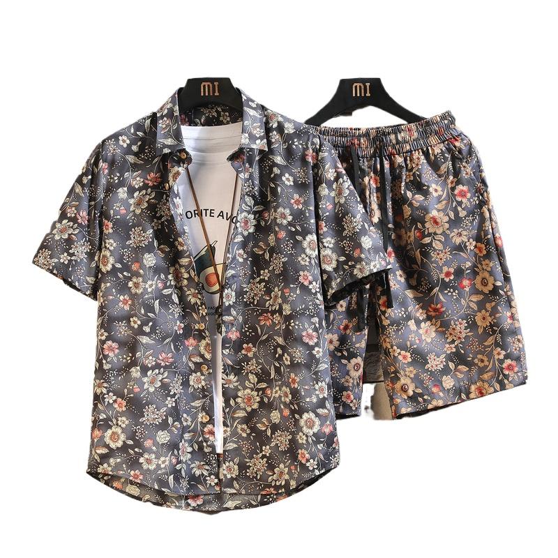 2026 Men's Cotton Beach Vacation Set, Shirt with Matching Drawstring Shorts, 11 Print Options Stylish Summer Suits, Asian Size