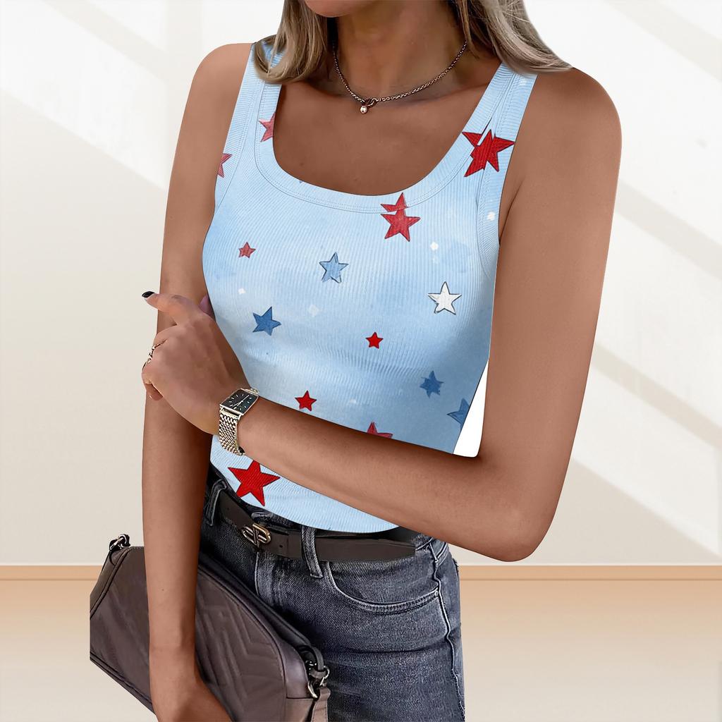 Women's Summer Fashionable Casual Independence Day Printed Round Neck Sleeveless Top Fitted Vest