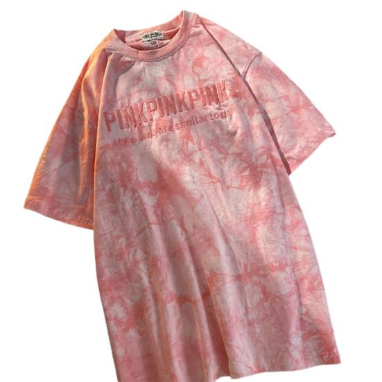 

Fashion Women T-shirt Letters Embroidery Tie Dye Print Short Sleeves Loose Blouse for Work M розовый
