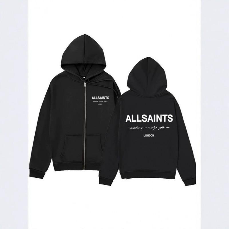 ALLSAINTS Letter Print Zip Up Hoodie Loose Drop Shoulder Casual Sweatshirt Men Women