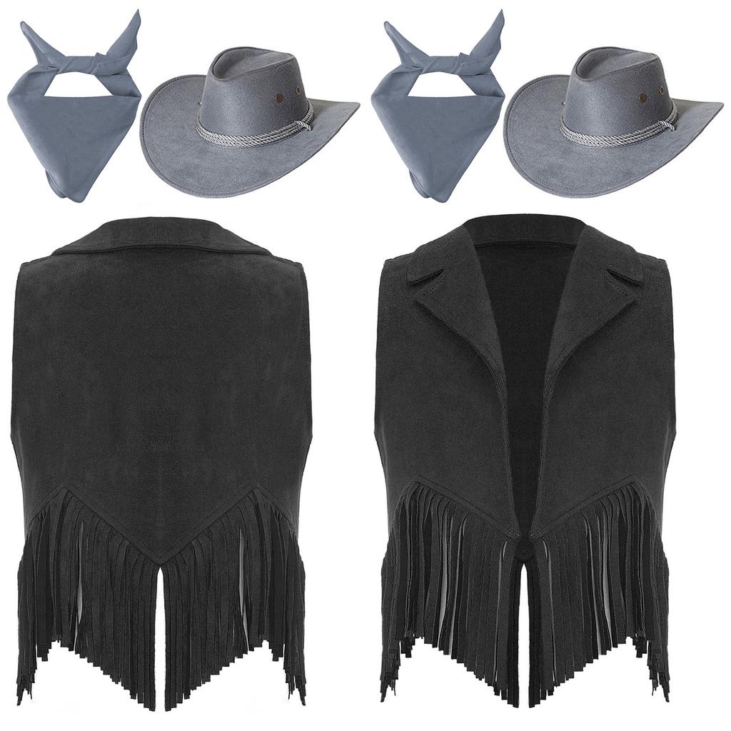 Kids Cowgirl Vest Suede Fringe Tassel Western Costume Set with Bandana Hat for Halloween Rodeo Role Play