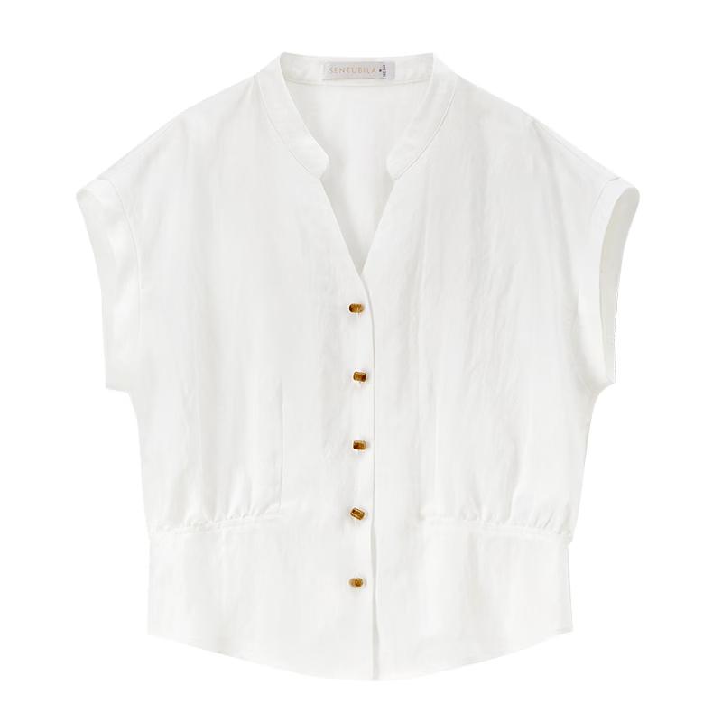 Women s Slim Fit Linen-Blend Flutter Sleeve Blouse XL
