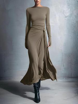 2026 Women's Autumn/Winter Solid Color Long Sleeve Wrap Dress with Knot Detail