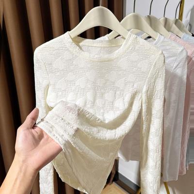 Round Neck Lace Long-sleeved Bottoming Shirt for Women Hollow Thin Style Inner Gauze Love Jacquard Mesh T-shirt Top