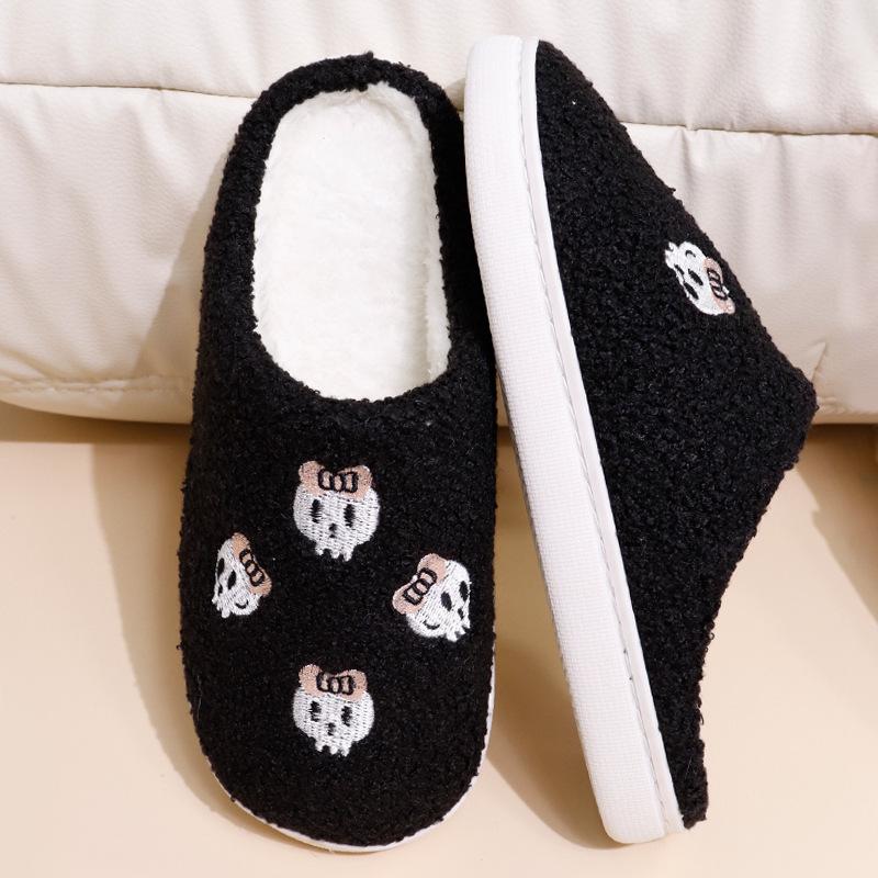 New Comfortable Home Hairpin Skeleton Winter Embroidered Cotton Slippers Men and Women Couple Thick-bottomed Warm Cotton Slippers