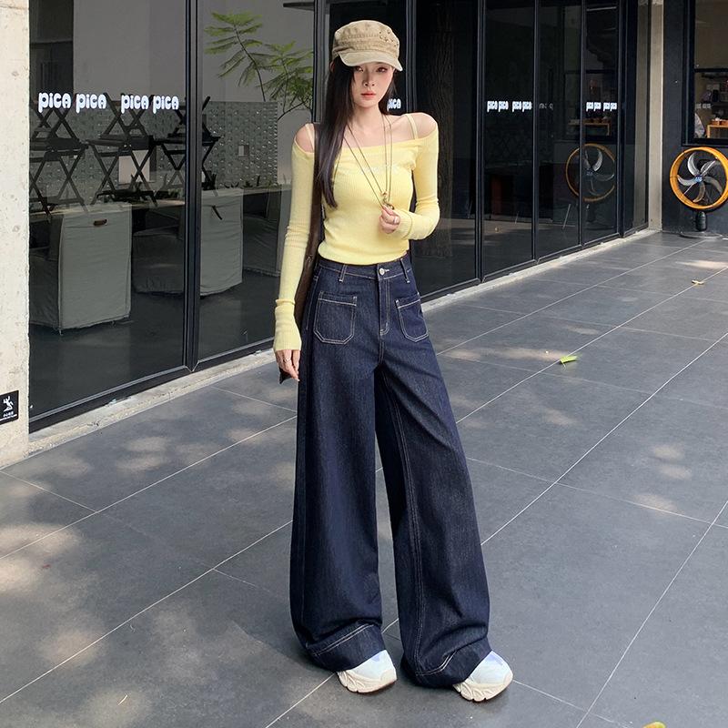 Denning wide-leg jeans women's autumn new high-waisted loose and thin dark blue narrow high-waisted straight pants tide