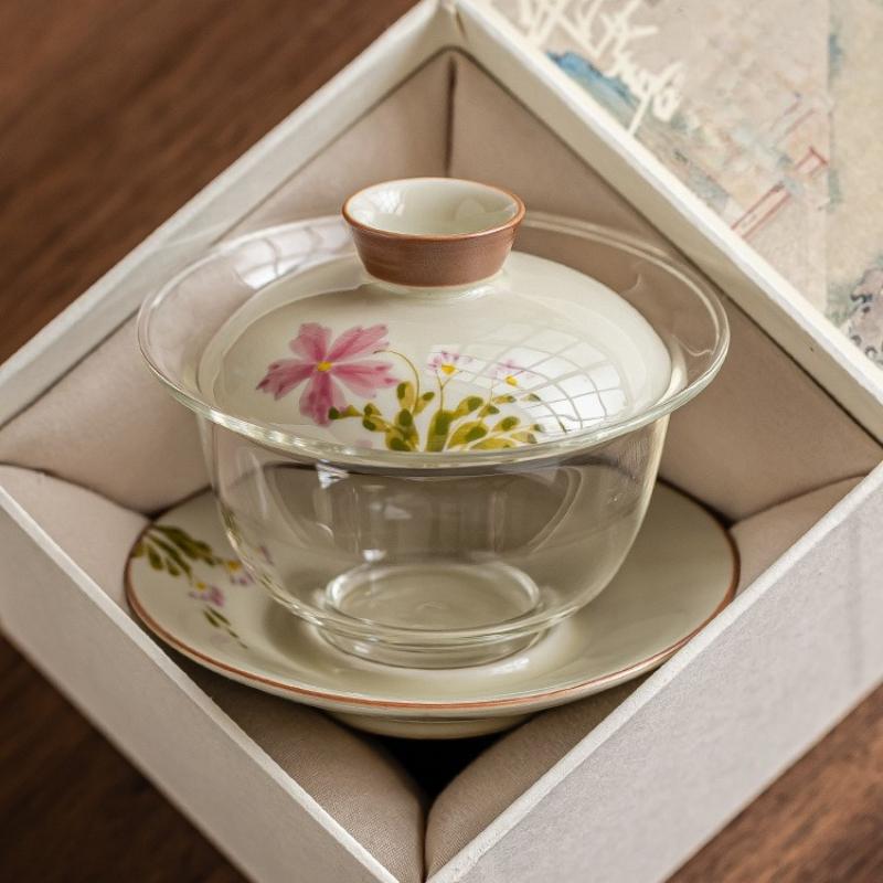 Hand-painted Daisy Gaiwan Sancai Glass Tea Tureen Ceramic Covered Bowl Chinese Kung Fu Tea Set Household Teaware Teacup with Lid
