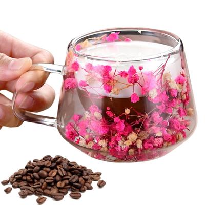 Tazza in vetro trasparente da 200 ml, doppia parete, isolata, con manico, design estetico a fiori disidratati, per conservare il calore, per caffè e tè