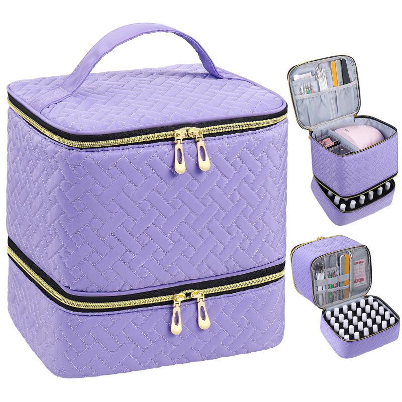 Double-Layer Quilted Waterproof Makeup Bag - Holds 30 Nail Polish Bottles, Portable, Multi-Functional Travel Storage.