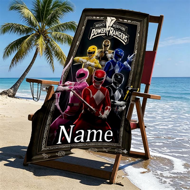 Custom Name Personalized Mighty Morphin Power Rangers Print Beach Towel, for Trip Camping Beach Party Home Decor, Birthday Gift for Family & Friends
