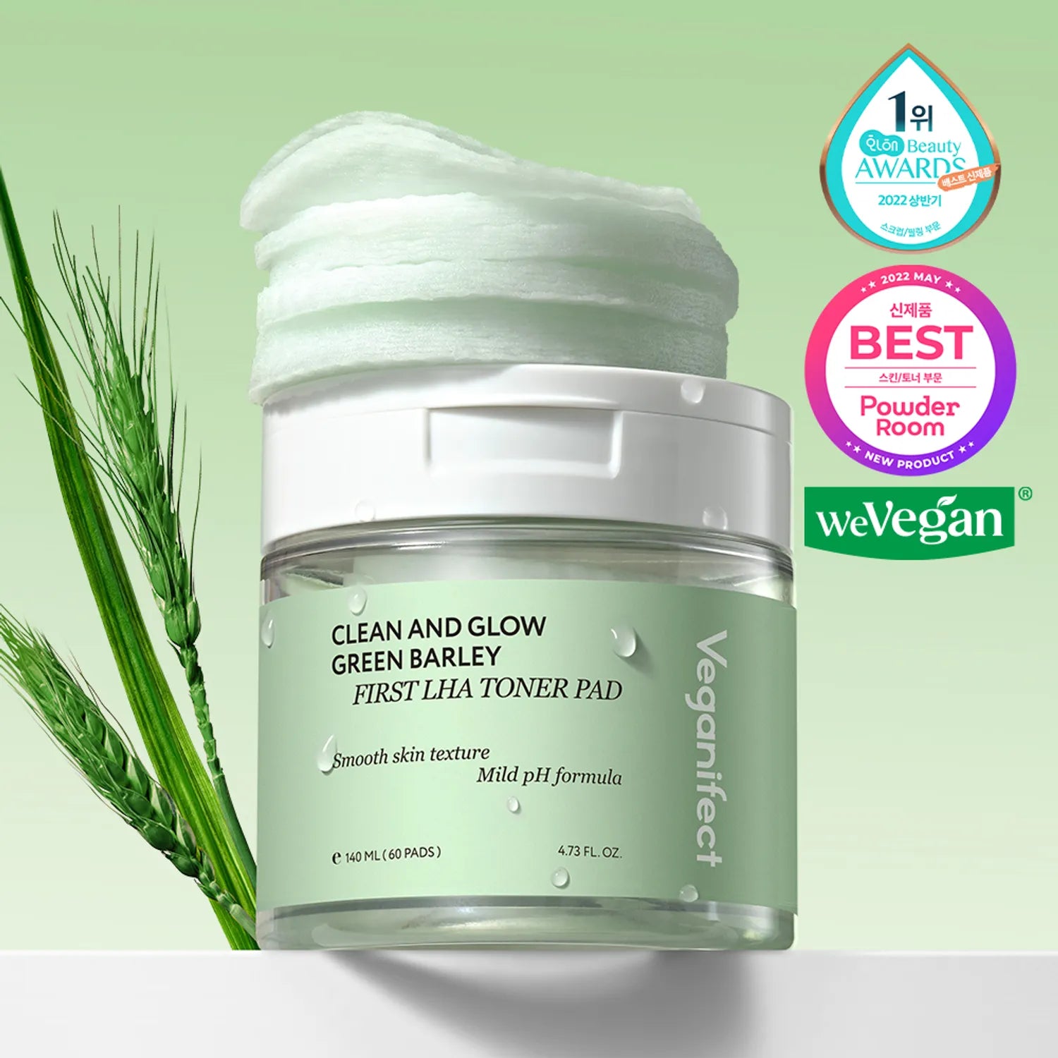 veganifect. Clean & Glow Green Barley First LHA Toner Pad 60P 60P