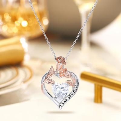 Rose Flower Heart Pendant Necklace Gift for Mom Wife Daughter Jewelry Birthday