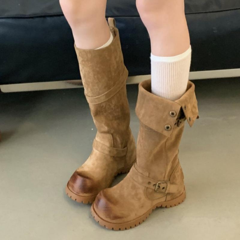 2025 autumn and winter new temperament two wear stacked boots women's versatile inner height increase retro western boots medium tube thin boots