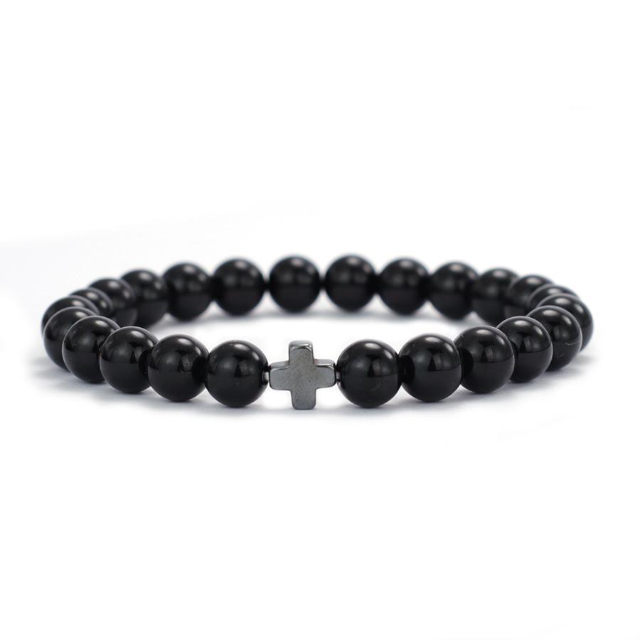 Minimalist Cross Bracelet Men 8mm Natural Tiger Eyes Lava Hematite Stone Healing Braslet Bangle Leisure Versatile Accessories