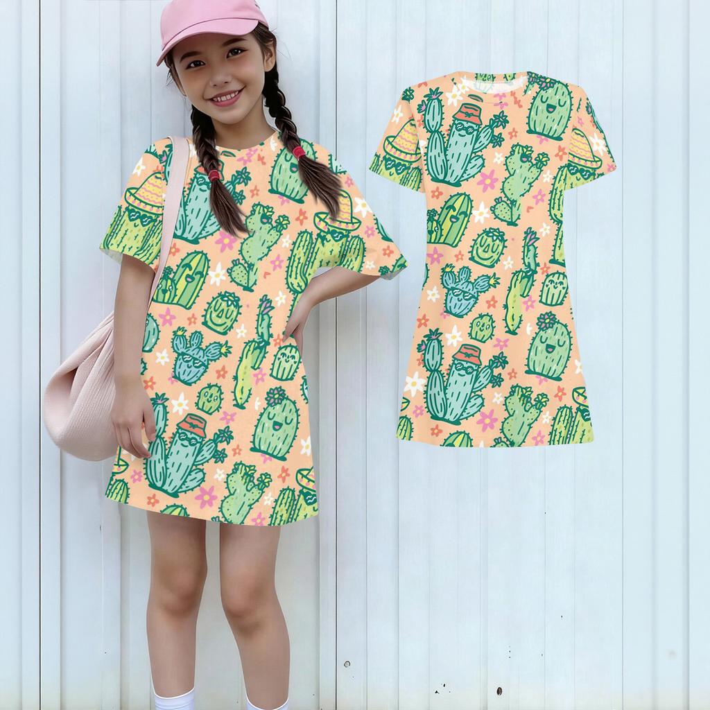 Girls Print Casual Dress Kids Loose Round Neck Short Sleeve Thin Sundress