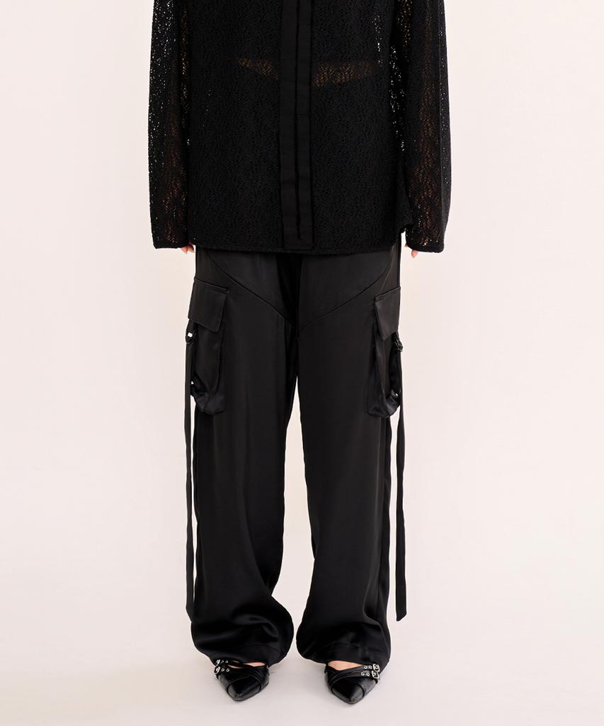 FANYOUNG Zip Slit Satin Wide Cargo Pants
