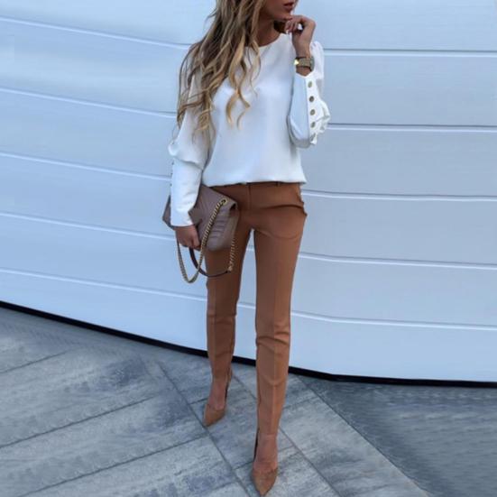 Fashion Office Lady Metal Button Back Long Sleeve Puff Shoulder Blouse Shirt Top