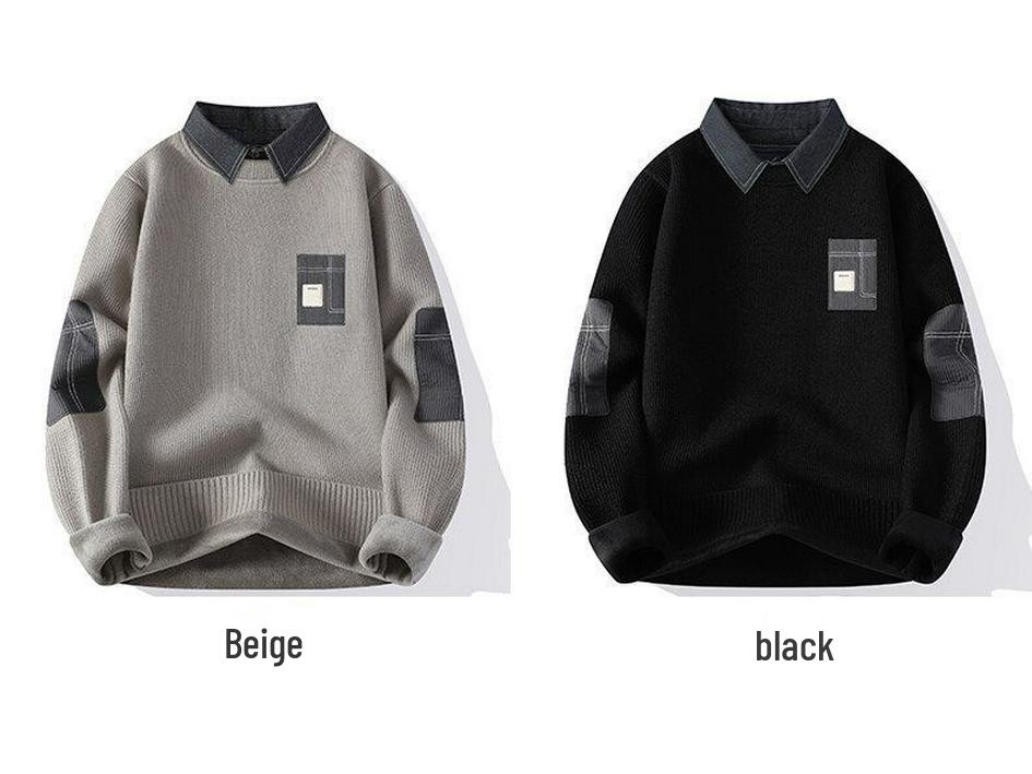 Herren Slim Fit Fleecegefütterter Zwei-in-Eins Hemdpullover – Koreanischer Stil Herbst/Winter Warme Basisschicht