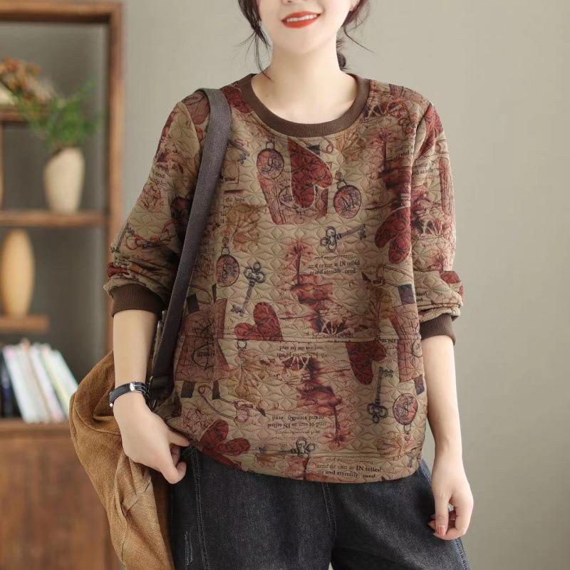 Vintage Ethnic Print Long Sleeve Women S Hoodie Loose Fit Casual Pullover
