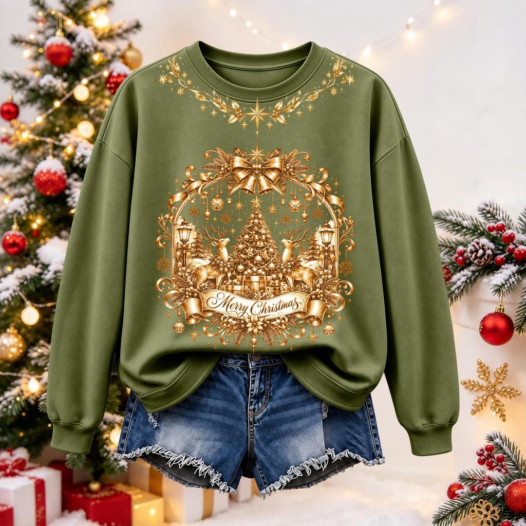 Women's Christmas Print Long Sleeve Top Casual Winter Comfortable Blouse for Holiday Wear