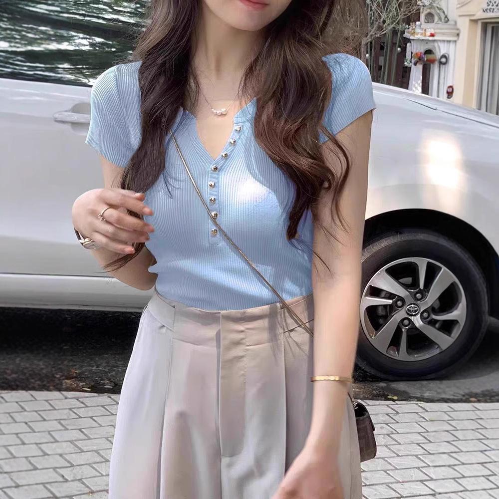 Ice Silk Knitted Sweater Short-sleeved Women's Clothing Summer 1116 New T-shirt Slim Short Front Shoulder Sweet and Spicy Small Versatile Top