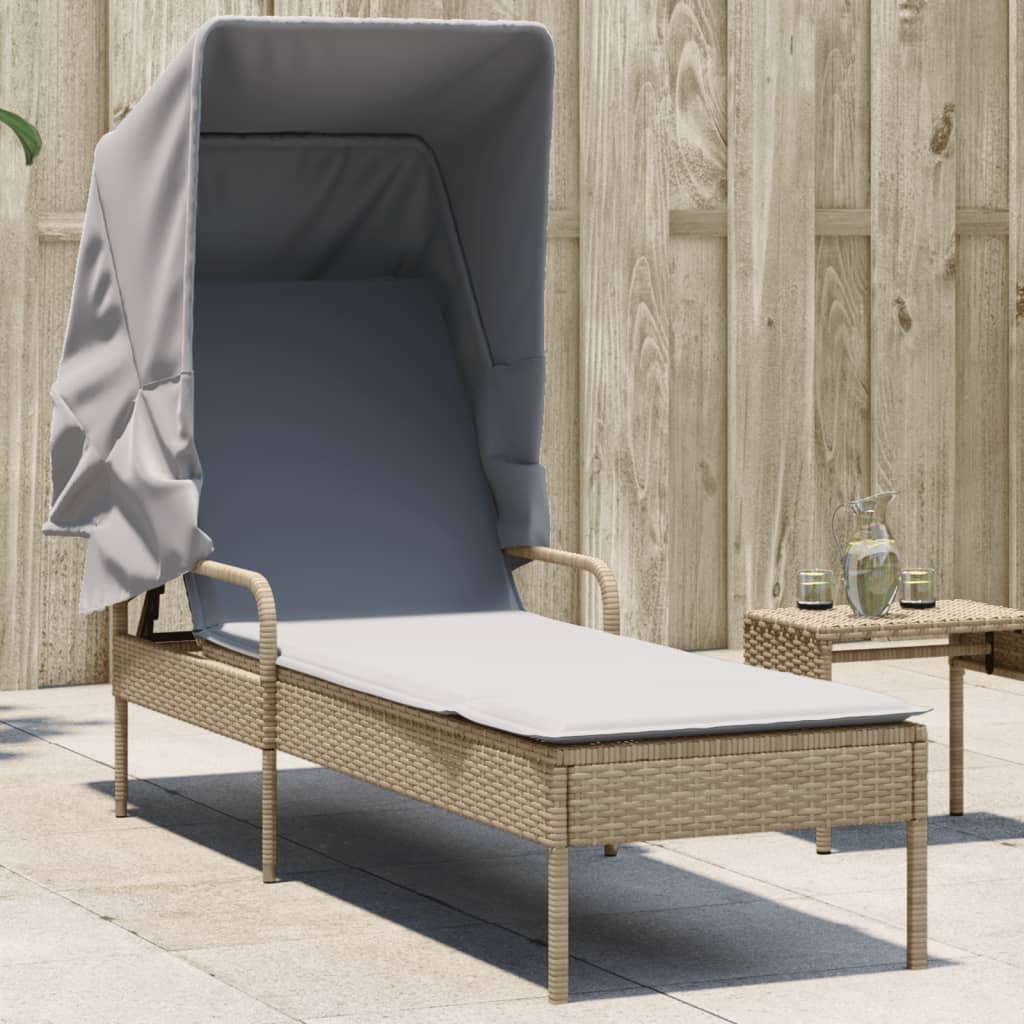 Sun Lounger with Canopy Beige Poly Rattan