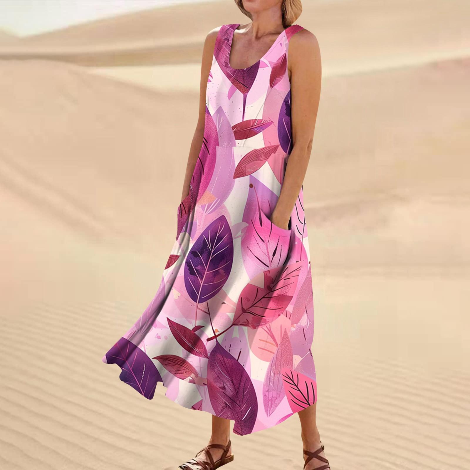 

Платье без рукавов для женщин. Женское летнее повседневное модное платье без рукавов с круглым вырезом и карманом с принтом. XL фиолетовый