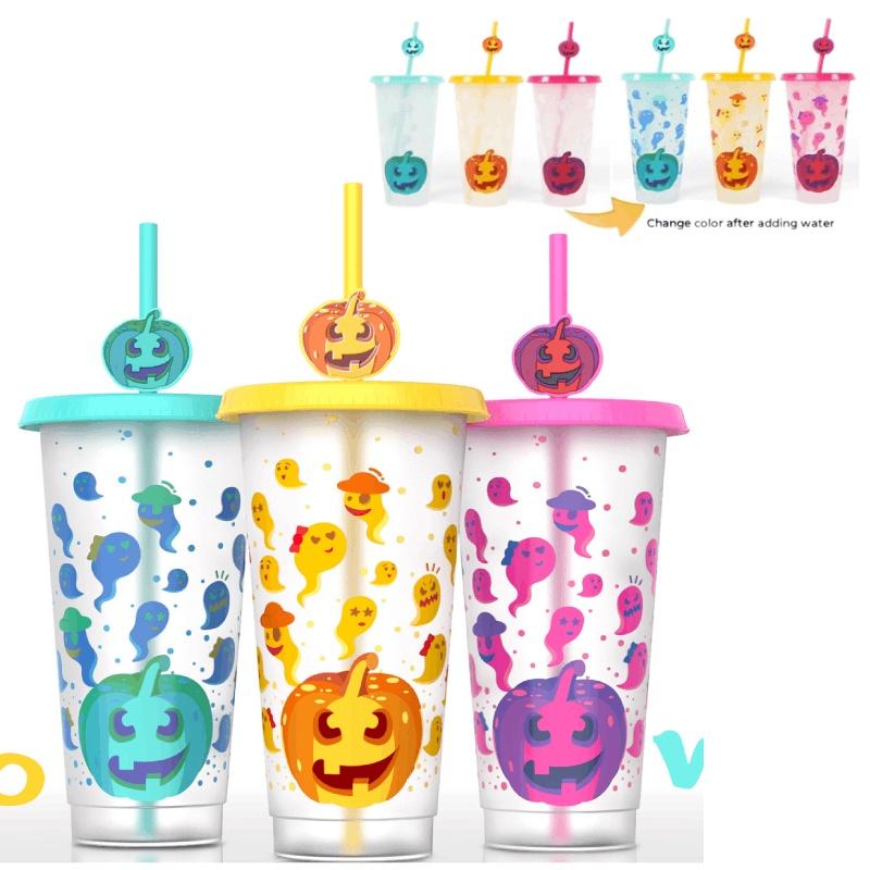 Plastic Colorchanging Cold Halloween Pumpkin Cup With Straw Capacity Large